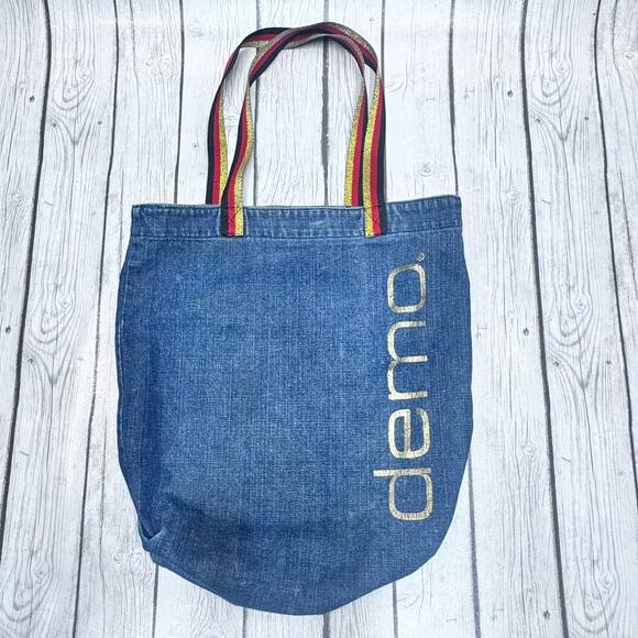 Vintage DEMO Rare Jean Denim Tote Bag With Black Red Gold Handle Discontinued - Picture 1 of 4
